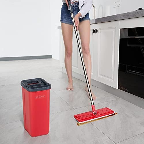 Mop and Bucket with Wringer Set, Flat Mop and Bucket, Squeeze Floor Mop with 3 Washable Microfiber Mops, Wet and Dry Use, Household Cleaning Tools, for Hardwood Floor, Laminate, Tile