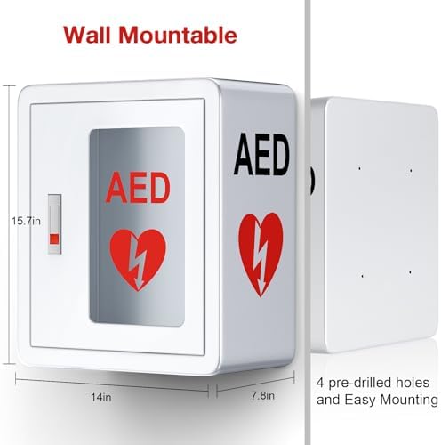 AED Cabinet, First Aid AED Defibrillator Wall Mounted Storage Cabinet, Metal Steel Plate Snap Lock, fits All Brands Cardiac Science for Public Places, 14 x 7.8 x 15.7 Inch
