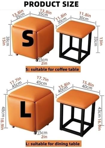 Multifunctional Stool, Storage Stool, Shoe Changing Stool，Foldable Stool, 5 in 1 Nesting Ottoman Set, Versatile Cube Stools with Swivel Casters, Stackable Stools with Nappa Leather Finish(Orange-techn