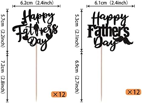 24 Pack Happy Father's Day Cupcake Toppers Glitter Best Dad Cupcake Picks Love Dad Moustache Cake Decorations for Happy Father's day Theme Men Birthday Party Supplies Black