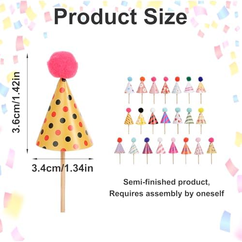 22 Pcs Party Hat Cupcake Toppers, Mini Cupcake Birthday Decorations for Baby Shower, Wedding, and Festival Celebrations, DIY Birthday Hats Cup Cake Toppers Dessert Decoration