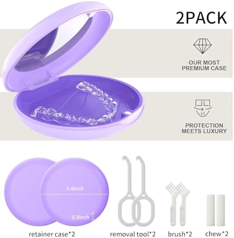 2 Pack Retainer Case with Mirror, Compatible with Invisalign, Orthodontic Aligner Case with Removal Tool and Brush, Purple
