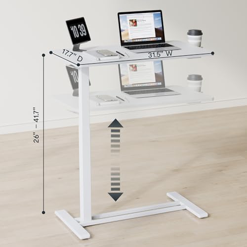 FLEXISPOT H7 Adjustable Overbed Bedside Table with Wheels Pneumatic Mobile Standing Laptop Desk Rolling Computer Cart Movable Overbed Table Hospital Home Use (31.5" W x 17.7" D, White Large)