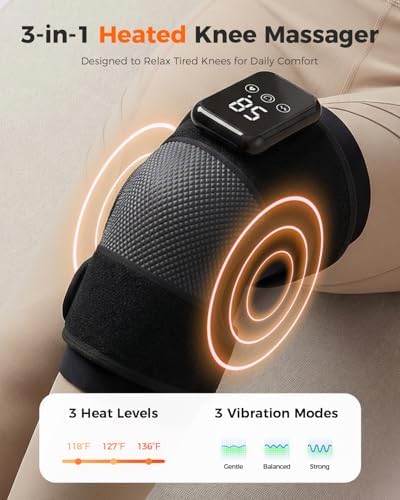 3-in-1 Knee Massager for Pain Relief with Heat, Portable Heated Knee Brace with Extension Strap for Knee, Elbow & Shoulder, Cordless Rechargeable Electric Massagers for Joint Comfort (Single)