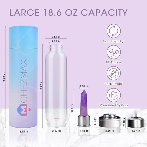 ChezMax Crystal Glass Water Bottle Energy Quartz Gemstone Water Bottle with Changeable Natural Crystal Center for Healing and Wellness Amethyst