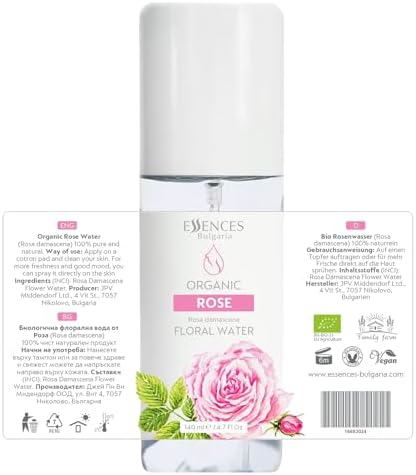 Essences Bulgaria | Organic Rose Floral Water 4.7 Fl Oz | 140ml | Rosa damascena | 100% Pure and Natural | Anti-Age Refreshing Beauty Mist | Alcohol-Free | Makeup Remover | Hydrating | Vegan