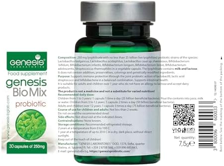 Genesis Biomix Probiotic with Lactobacillus and Bifidobacterium Strains May Support Gut Helth, Digestion, Immune System 240 Mg per Capsule 30 caps