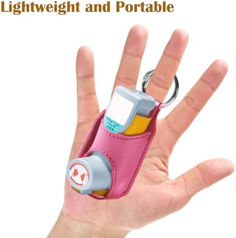 Asthma Inhaler Holder - PU Leather Case w/Carabiner Clip, Portable Travel Pouch for Adults Kids (Inhaler Not Included) Rose