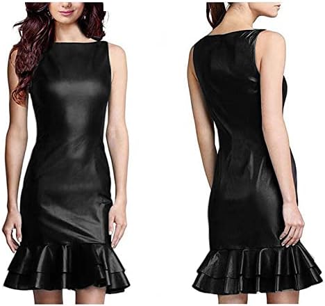 Elegant Hem Ruffles Summer Dress for Woman Sleeveless Mini Dress PU Shiny Liquid Metallic Club Dresses,Black,L