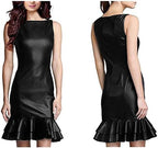 Elegant Hem Ruffles Summer Dress for Woman Sleeveless Mini Dress PU Shiny Liquid Metallic Club Dresses,Black,L