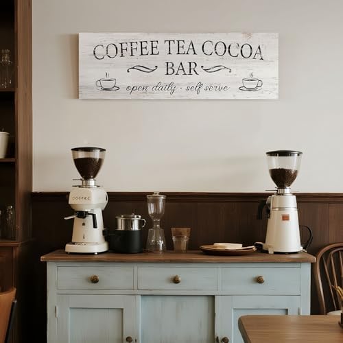 Coffee Tea Cocoa Bar Sign Decor Farmhouse Wall Plaque with Wood Grain Retro Cafe Canvas Prints for Bar Decor Open Daily Self Serve Kitchen Cafe Pub Nook Decoration Accessories 8"x24"