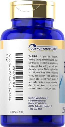 Carlyle Biotin 5000mcg | 250 Fast Dissolve Tablets | Supplement for Men and Women | Vegetarian, Non-GMO, Gluten Free