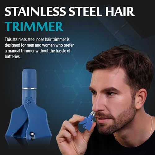 Stainless Steel Hair Trimmer for Men and Women | Manual Nose and Ear Hair Trimmer | Nose Clippers, 360° Rotating Hair Trimmers | Washable Nose Hair Remover | Blue