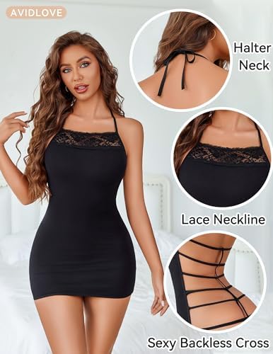 Avidlove Women's Lingerie Sexy Bodycon Nightgown Lace Neckline Babydoll Chemise Cotton Sleepwear Halter Dress Slip S-XXL