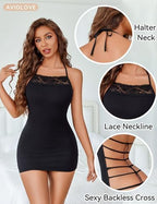 Avidlove Women's Lingerie Sexy Bodycon Nightgown Lace Neckline Babydoll Chemise Cotton Sleepwear Halter Dress Slip S-XXL