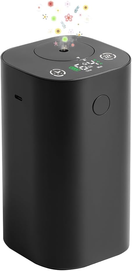 Waterless Essential Oil Diffuser, 20mL Rechargeable Nebulizing Diffuser with 4 Timers & 4 Mist Levels, Rechargeable Diffuser for Home, Office, Bedroom, Hotel, Travel (Black)