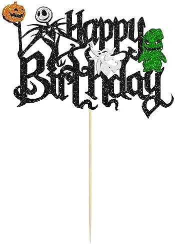 Gyufise 1Pc Halloween Cake Topper - Glitter Jack and Sally Pumpkin Bat Castle Ghost Cake Pick for Birthday Party Cake Decorations