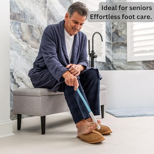 Burlingham's Toe and Foot Towel Brush with Reusable Drying Covers Long 17” Handle for Cleaning Between Toes, Soft Skin Exfoliation,for Seniors, Adults, Kids (Toe Towel Brush + 3 Covers)