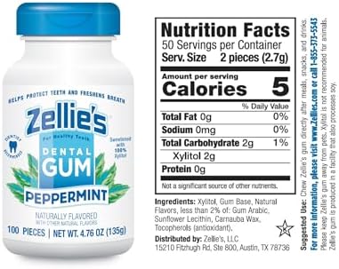 Zellie's | 100% Xylitol Peppermint Chewing Gum | No Aspartame, Gluten Free, Vegan & Kosher (100 Count - Pack of 1)