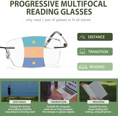 Frameless Progressive Multifocal Reading Glasses Diamond Cut Photochromic Sunglasses Titanium Progressive Readers