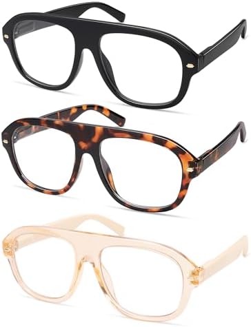 AMOMOMA 3 Pack Retro Blue Light Aviator Reading Glasses for Women Men,Oversized Large Computer Reader Frame AM6163