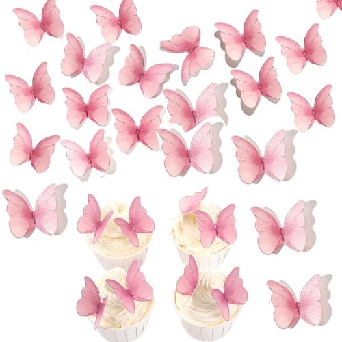 YOcity 48Pcs Edible Butterflies Cake Cupcake Toppers Pink Wafer Paper Butterfly Cake Decorations for Wedding Birthday Party Cupcakes Decorating Pink