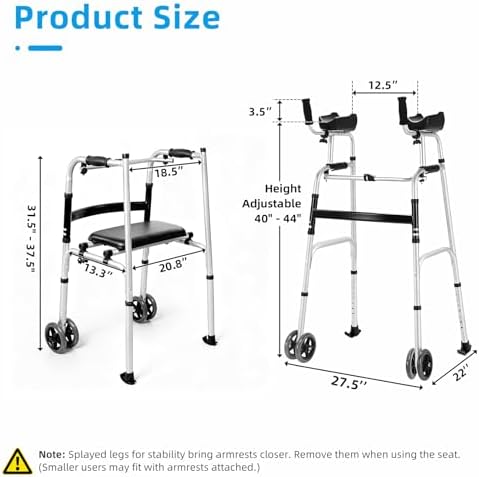 Upright Walker for Seniors with Padded Seat and Armrests - Heavy Duty 420 lbs Capacity Stand Up Walking Aid - 7-Level Height Adjustable Folding Walker with Wheels for Elderly