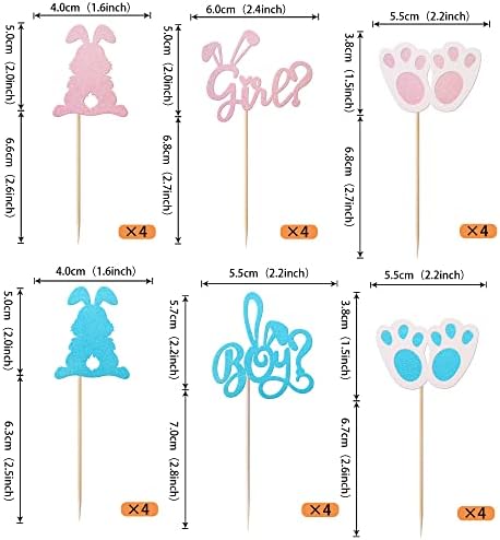 Rsstarxi 24 Pack Rabbit Easter Day Cupcake Toppers Boy or Girl Cupcake Toppers Glitter Pink or Blue Bunny Cupcake Picks for Easter Day Gender Reveal Theme Baby Shower Birthday Party Cake Decorations