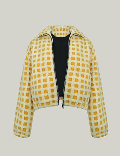 Esmeling Women’s Long Sleeve Cropped Sherpa Fleece Plaid Jacket Casual Chunky Teddy Fleece Outerwear