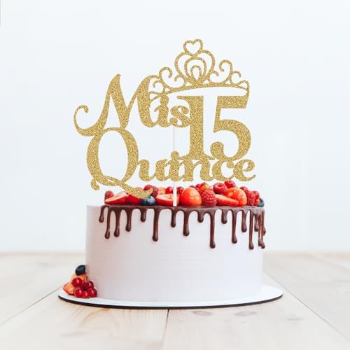 Mis Quince 15 Cake Topper, Feliz 15 Anos Birthday Cake Topper, Happy 15th Birthday Party Decorations Gold Glitter