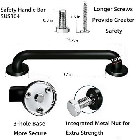 16 Inch Black Stainless Steel Handrail, Safety Grab Bars for Wall, Handicap Grab Bars for Bathroom, Shower, Toilet, RV, Hand Rails for Indoor Stairs, Stair Railing Indoor & Outdoor (2 Pack)