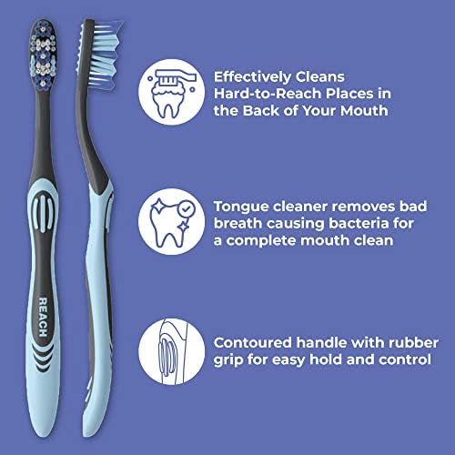 Reach Essentials Toothbrush with Toothbrush Covers, Multi-Angled Medium Bristles, Contoured Handle, Tongue Scraper, 6 Count