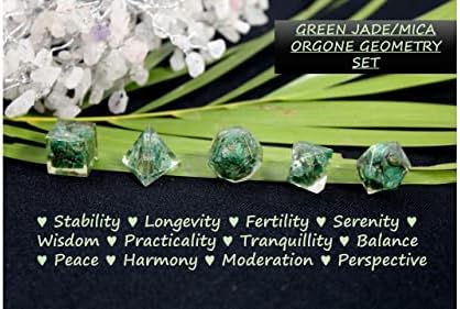 Jet Healing Crystals Green MICA Orgone Sacred Geometry Platonic Solids with Merkaba Star Set for Meditation,Reiki Balancing (Green MICA)