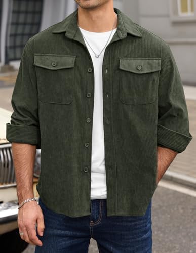 Men Corduroy Shirt Button Down Casual Ribbed Lightweight Jacket with Flap Pockets (S-XXL)