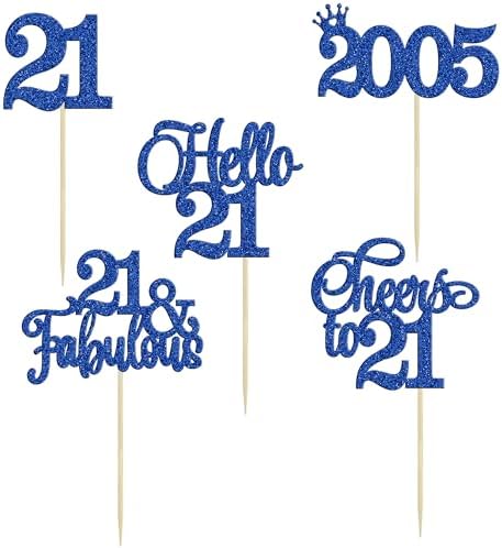 Gyufise 30Pcs 21st Birthday Cupcake Toppers Hello 21 Cupcake Picks 2005 Cake Toppers for Happy 21st Birthday Anniversary Party Cake Decorations Supplies Blue