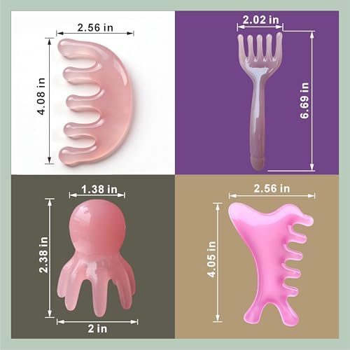 4 Pcs All-in-One Head Massager Set: Scalp Comb, Gua Sha, Octopus & Five Claw Tool for Stress Relief, Relaxation, Acupressure - Gift for Christmas, Birthday, Mother's Day, Father's Day (Pink)