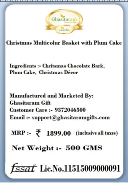 Ghasitaram Gifts Jaiccha Christmas Gifts Christmas Multicolur Basket with Plum Cake