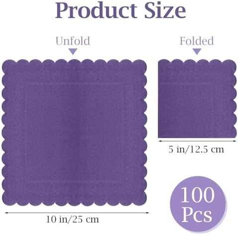 100 Pcs Cocktail Napkins, 2-Ply 5 x 5 Inches Disposable Scalloped Napkins, Thick Premium Dessert Napkins for Party, Wedding, Dinner, Birthday, Anniversary, Festival (Purple)