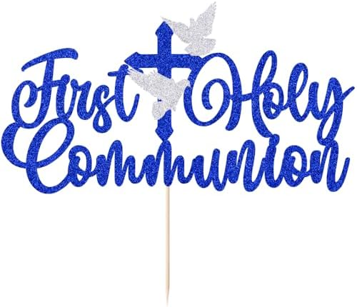 First Holy Communion Cake Topper Glitter Christian Baby Baptism Cake Pick God Bless Cake Decorations, Dove Cross Cake Decorations First Communion Theme Baby Shower (First Holy Communion Dark blue)