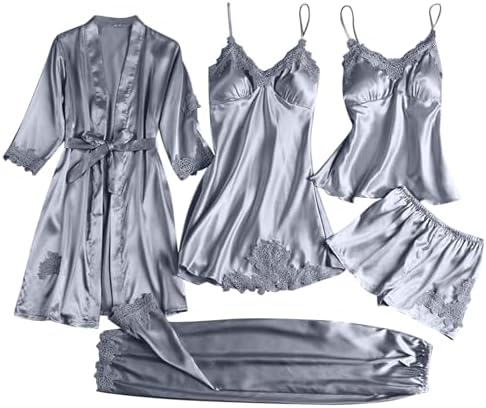 Womens Silk Pajamas Robes Set Sexy Satin Pjs Sets 5Pcs Nightgown Cami Shorts Pants Sleepwear Summer Cute Loungewear