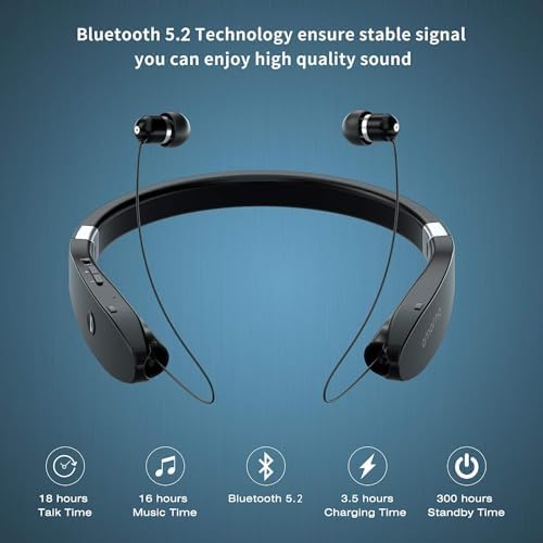 AMORNO Foldable Bluetooth Headphones Wireless Neckband Headset with Retractable Earbuds, Sports Sweatproof Noise Cancelling Stereo Earphones with Mic