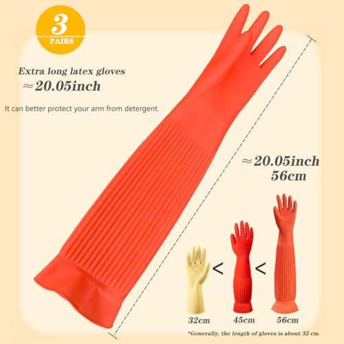 3 Pairs Household Extra Long Kitchen Gloves for Washing Dishes，20.05inches Rubber Cleaning Gloves，Reusable Latex Living Wash Gloves，Long Sleeves(Medium, Red)
