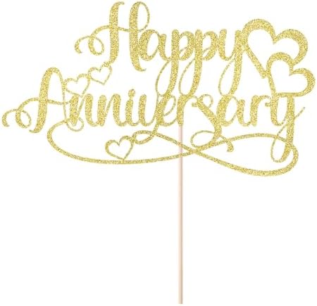 Gold Glitter Happy Anniversary Cake Topper, Wedding Anniversary Cake Decorations, Birthday Anniversary Cake Toppers Decoration Supplies
