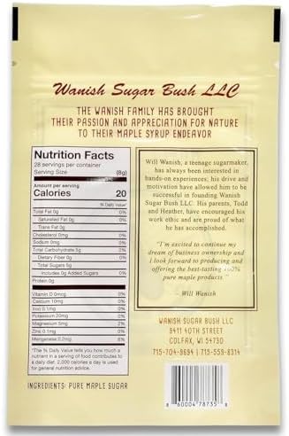 Wanish Sugar Bush Organic Maple Sugar - 100% Pure, Granulated Maple Sugar from the Lush Northwoods of Wisconsin, Perfect for Baking and Beverages - Natural Sweetener in 8 oz Bag