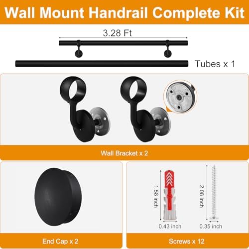 ROTHLEY Pipe Stair Handrail, 3Ft Metal Staircase Handrails Black Powder Coated Steel Hand Rails for Indoor & Outdoor Steps Wall Mount Support 1.6" Round Stair Railing with Zinc Alloy Brackets