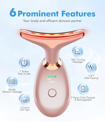 SDKWDH Red Light Therapy for Face and Neck, 7 Color Face Massager Tool for Wrinkles, Double Chin, Vibrating Facial Massager with Thermals for Skin Care, Rose Gold