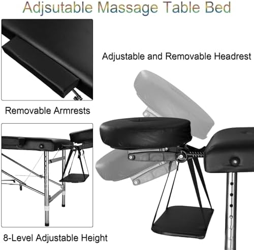 Portable Massage Table Foldable Massage Bed Folding Lash Tattoo Table Lightweight Spa Salon Facial Bed for Esthetician Eyelash Home Physical Therapy Table 2 Section Adjustable Height Black