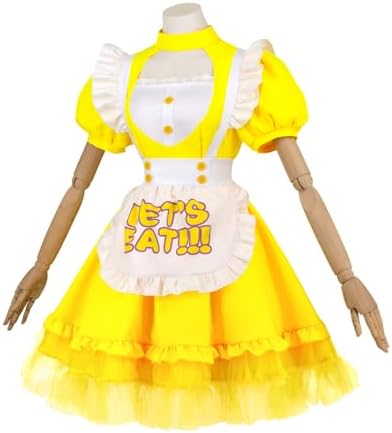 Womens Yellow Maid Apron Lolita Fancy Dress Uniform Outfits with Bracelets for Halloween