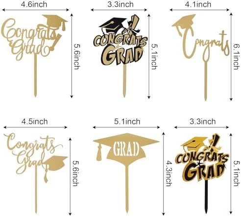 6Pcs Gold Acrylic Graduation Cake Toppers - Congrats Graduate Cake Decor - We Are Proud of You Theme Party Supplies