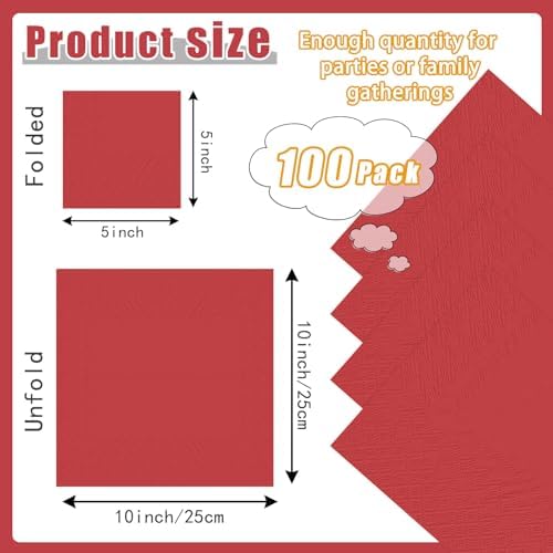 100 pcs 2-Ply Red Cocktail Napkins Folded 5 x 5 inch Red Disposable Paper Dessert Napkins for Dinner Birthday Wedding Valentines Christmas Party Picnic Beverage Napkin